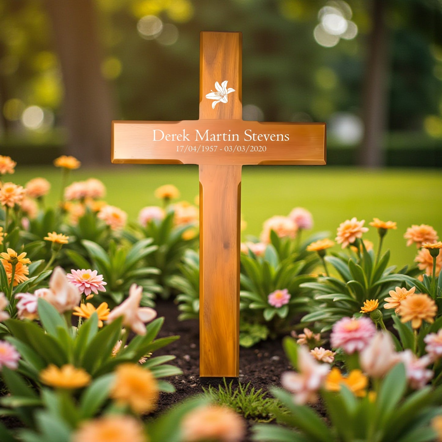 Personalised Mahogany Memorial Cross, Lily – Durable Wooden Grave Marker for Outdoor Use