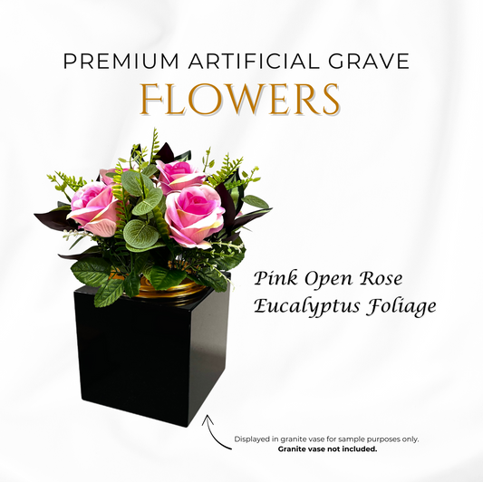 Premium Artificial Grave Flowers β Pink Open Roses with Eucalyptus (25cm) | Memorial Vase Pot