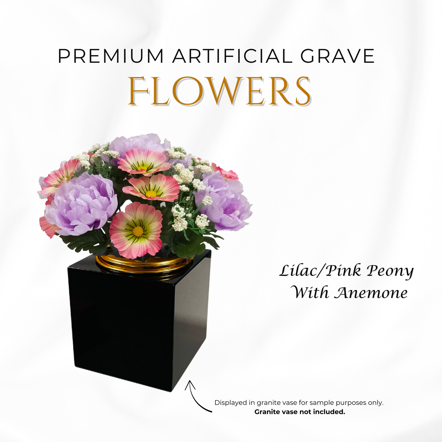 Premium Artificial Grave Flowers – 25cm Lilac/Pink Peony With Anemone | Memorial Vase Pot