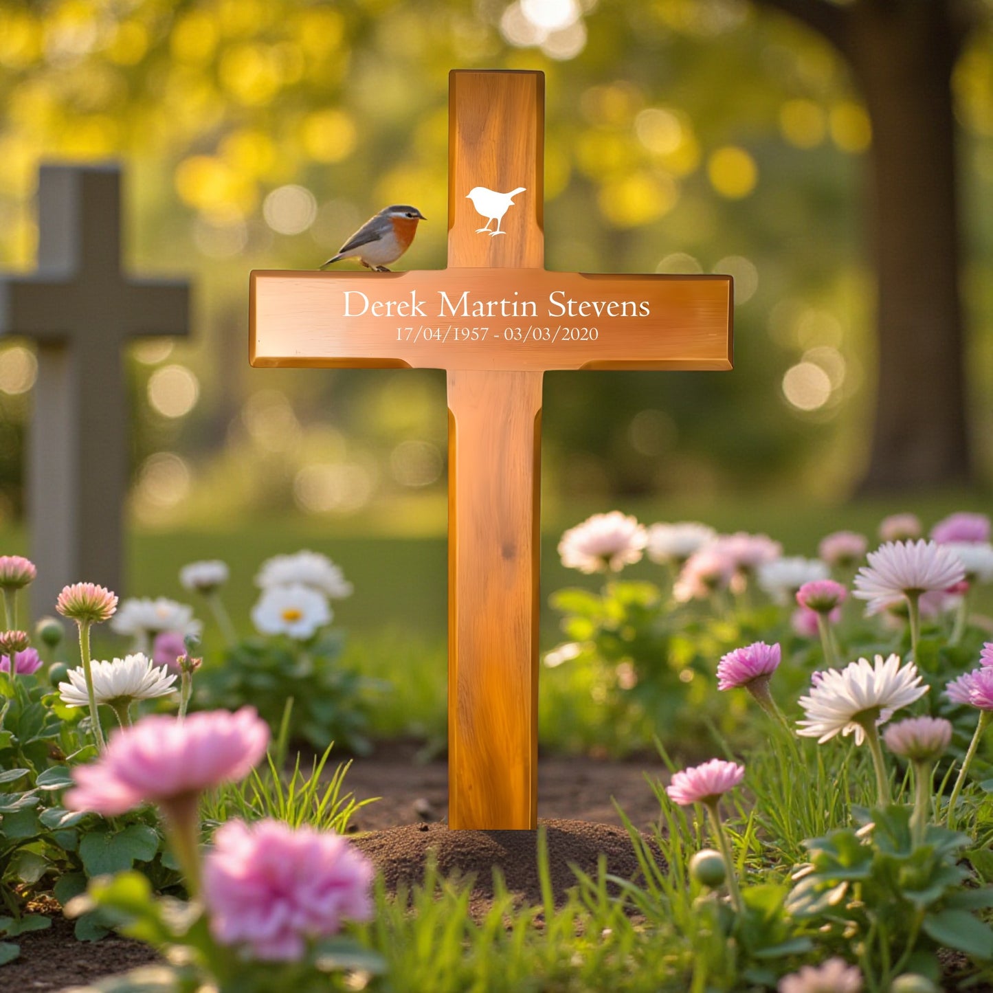 Personalised Mahogany Memorial Cross, Robin – Durable Wooden Grave Marker for Outdoor Use