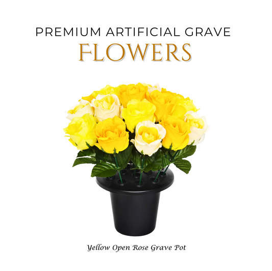 Premium Artificial Grave Flowers – Red Open Roses (25cm) | Memorial Vase Pot
