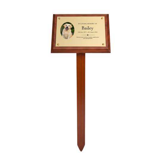Personalised Mahogany Memorial Plaque on Stake, Dog Photo Design