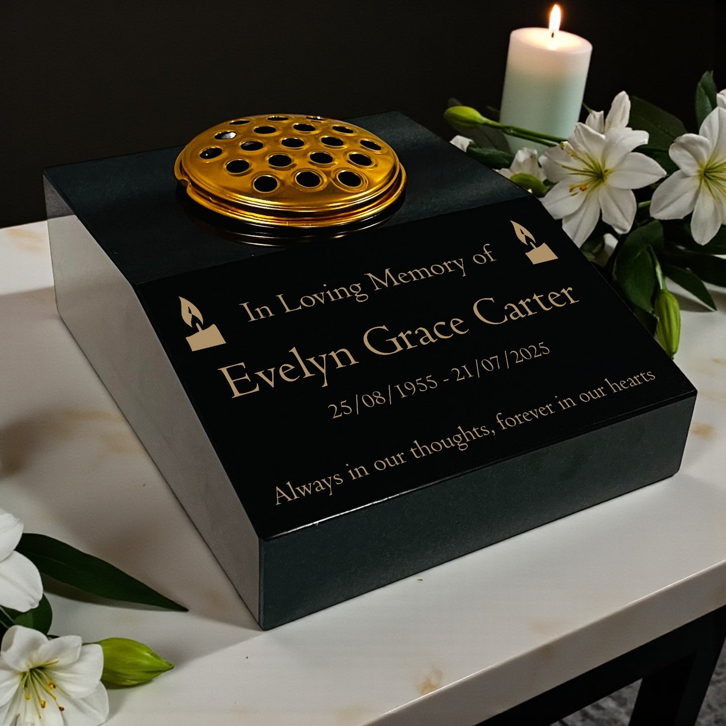 Black Granite Sloping Memorial Desk with Vase – Candle Design, Free Gold Engraving, 12x10x4"