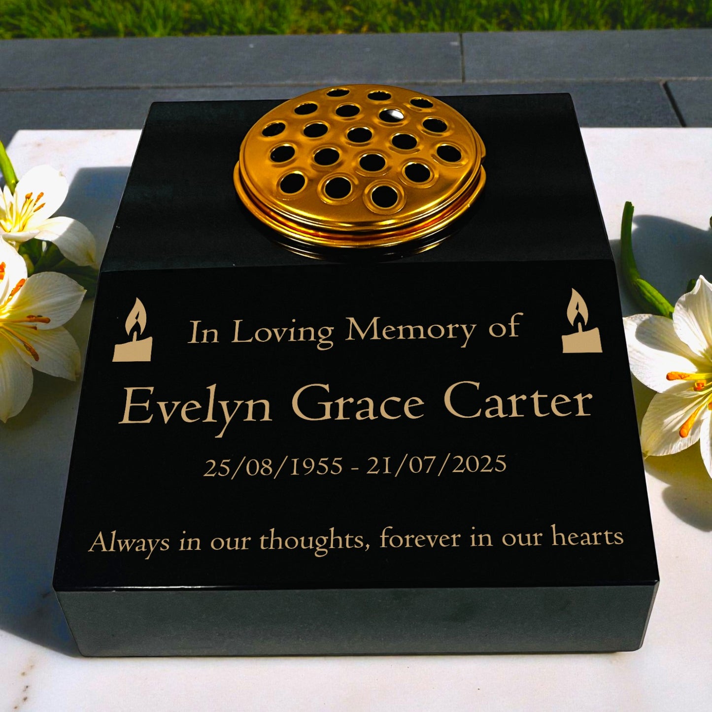 Black Granite Sloping Memorial Desk with Vase – Candle Design, Free Gold Engraving, 12x10x4"