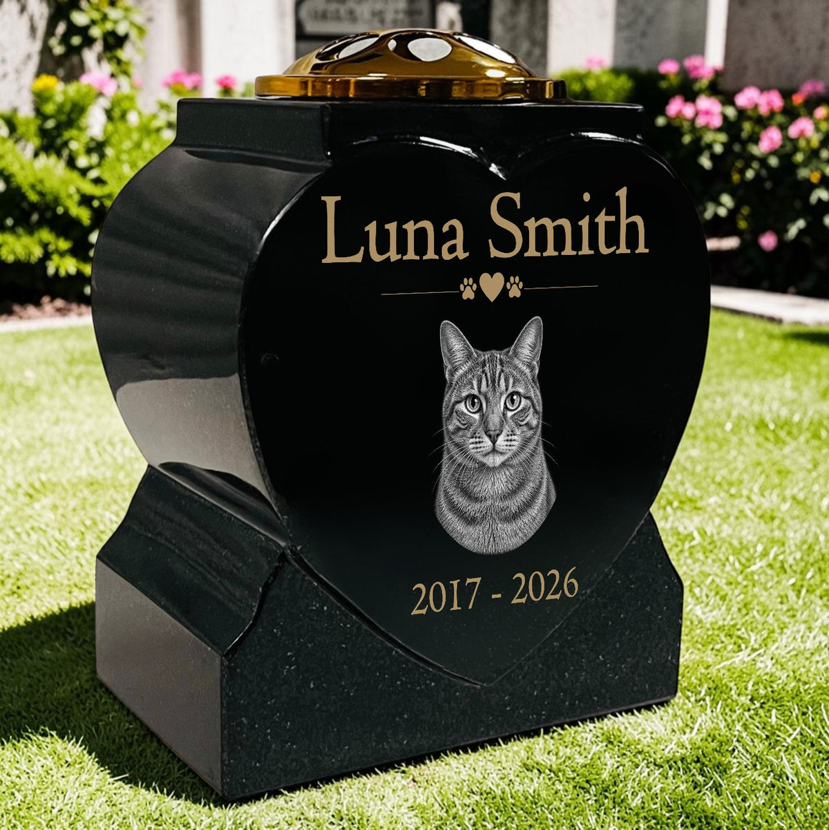 Cat Memorial Granite Heart-Shaped Photo Vase