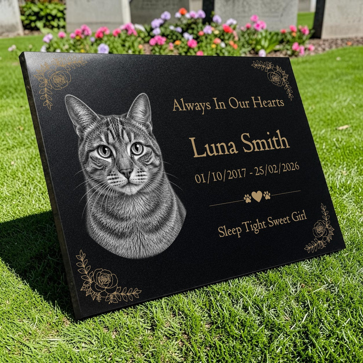 Cat Memorial Granite Photo Plaque - Floral Design