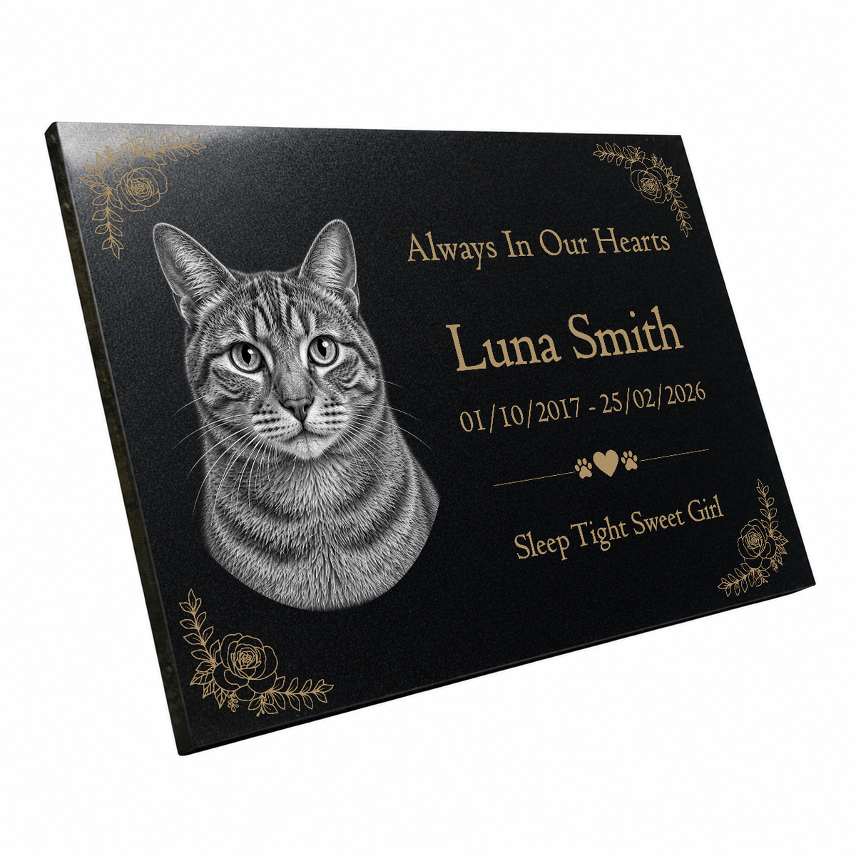 Cat Memorial Granite Photo Plaque - Floral Design