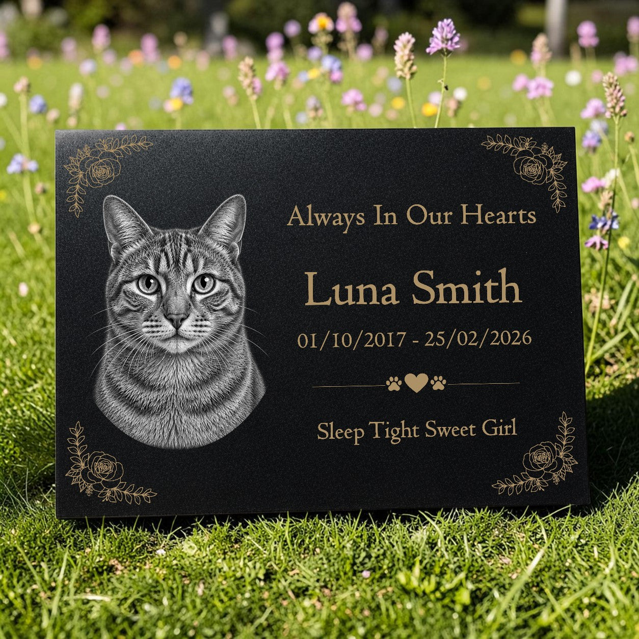 Cat Memorial Granite Photo Plaque - Floral Design