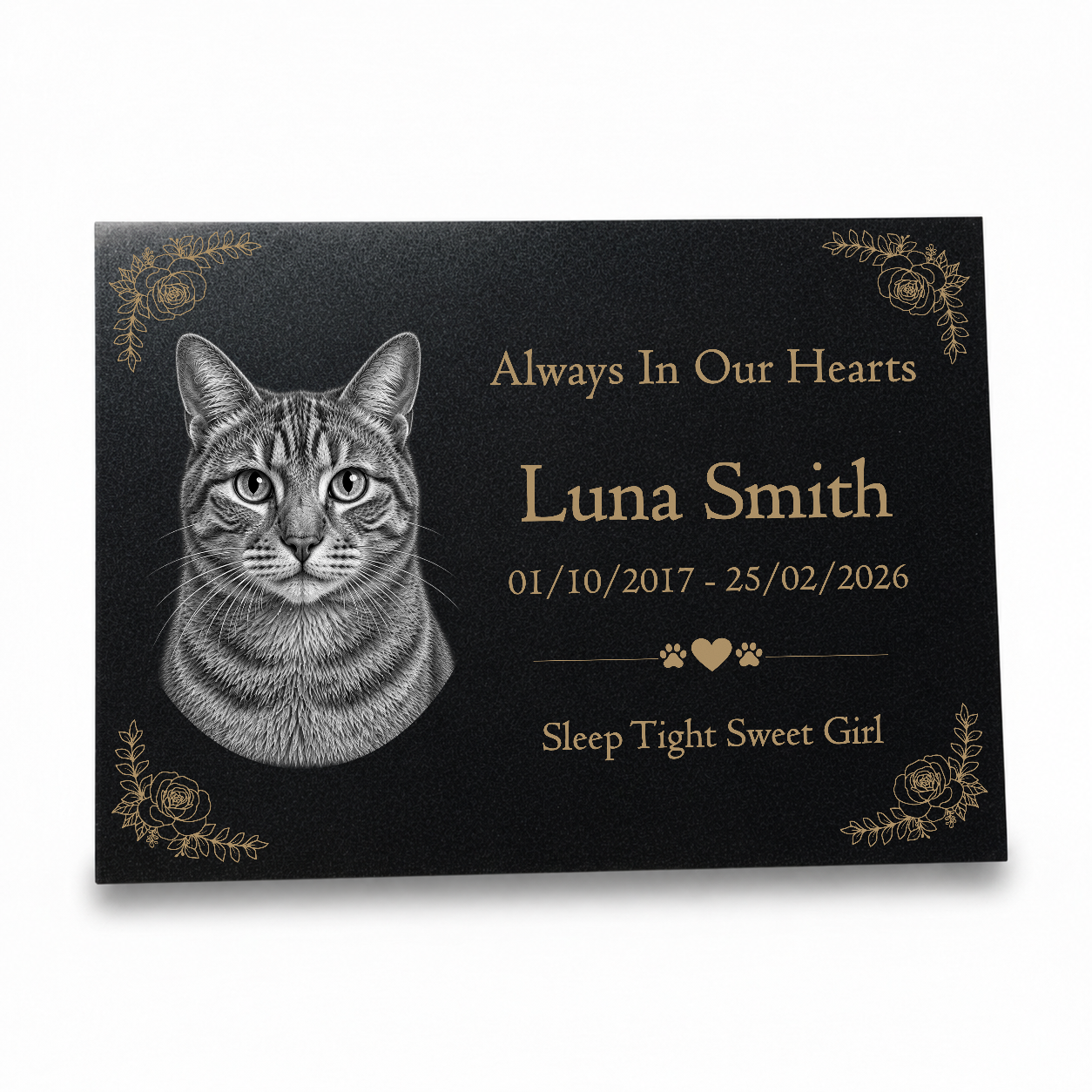 Cat Memorial Granite Photo Plaque - Floral Design