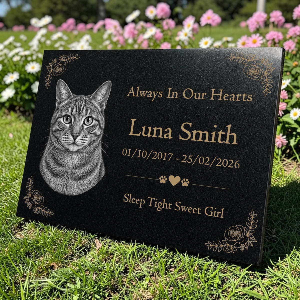 Cat Memorial Granite Photo Plaque - Floral Design