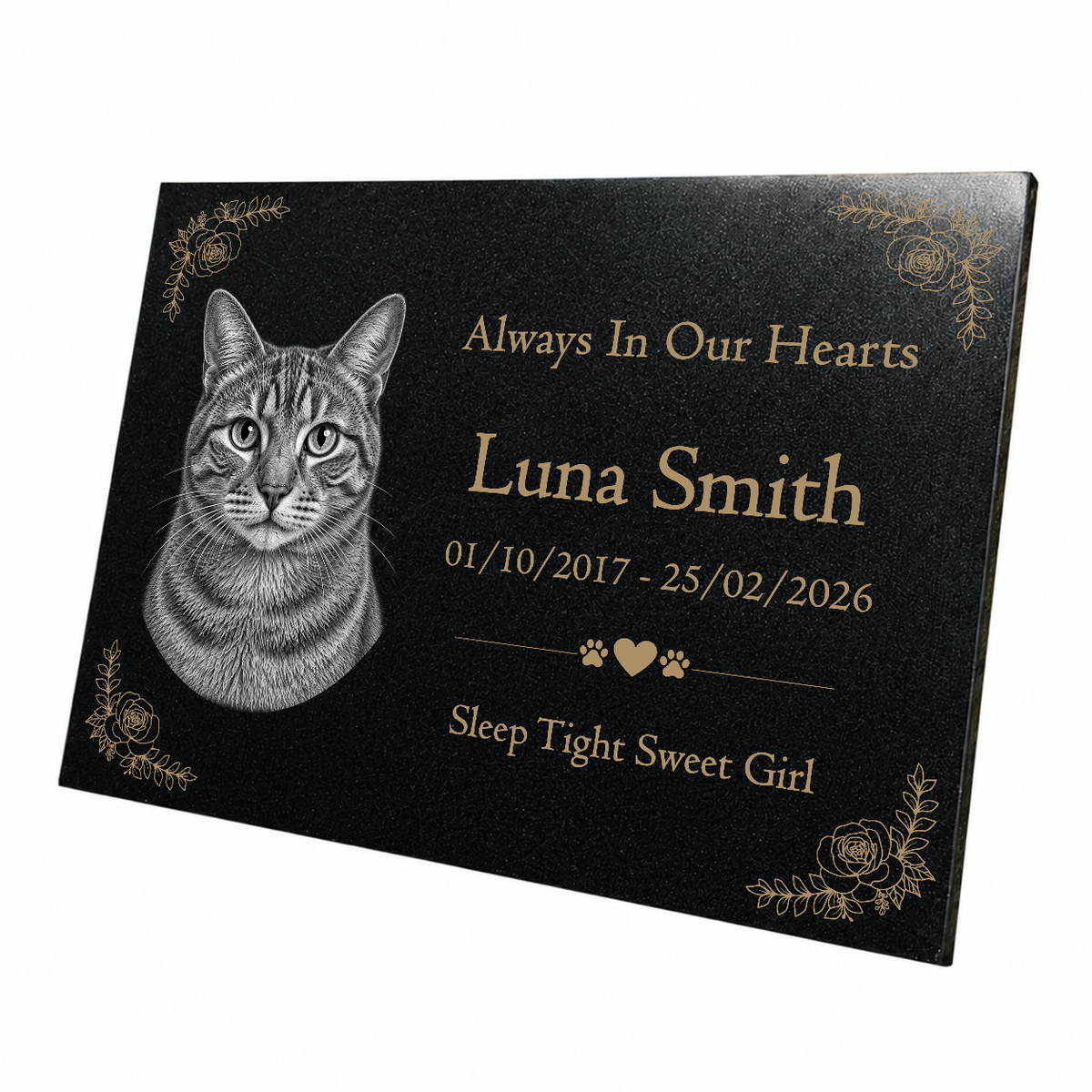 Cat Memorial Granite Photo Plaque - Floral Design
