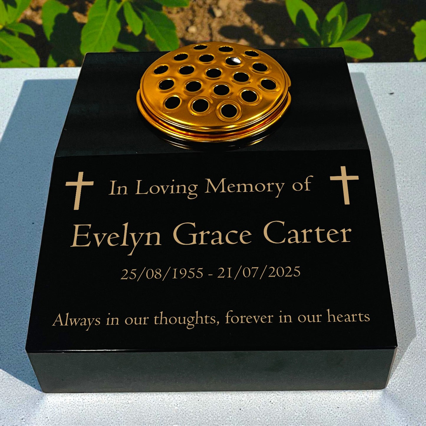 Black Granite Sloping Memorial Desk with Vase – Cross Design, Free Gold Engraving, 12x10x4"