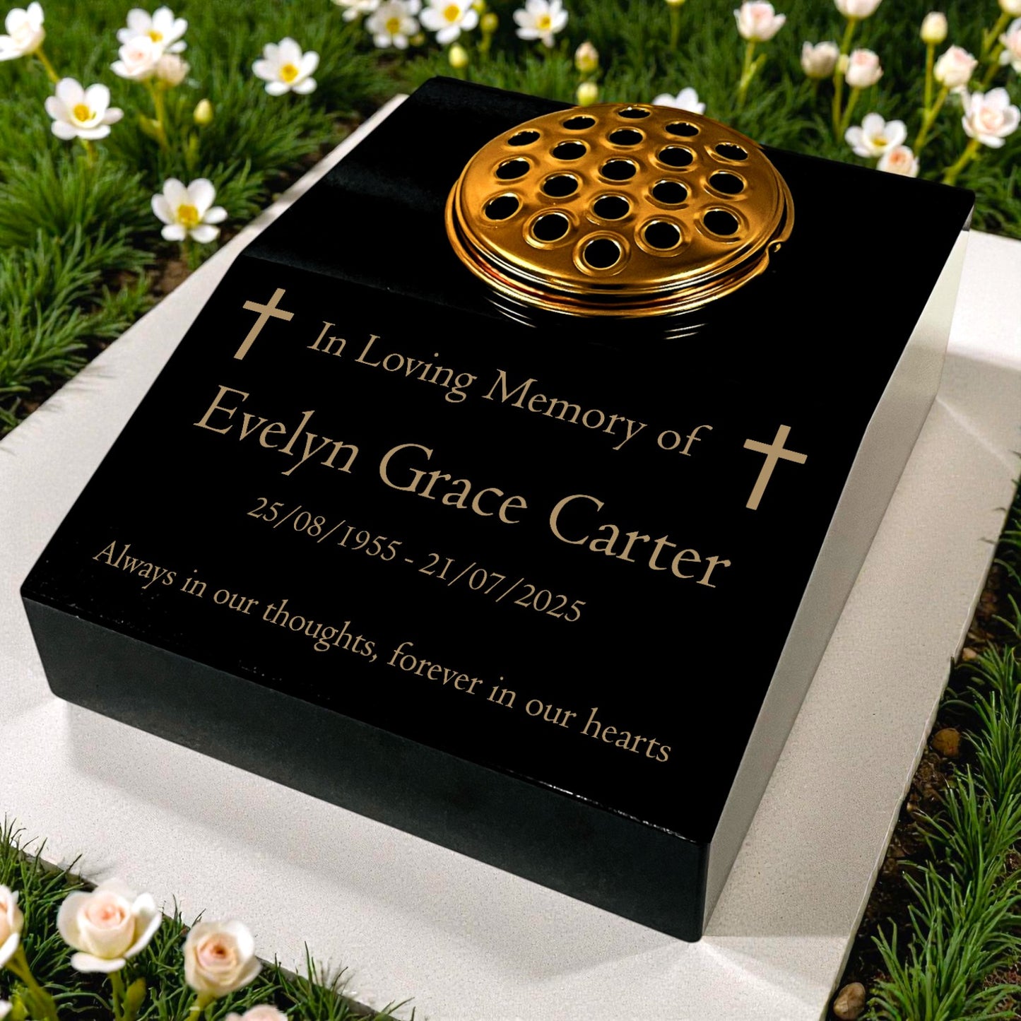 Black Granite Sloping Memorial Desk with Vase – Cross Design, Free Gold Engraving, 12x10x4"