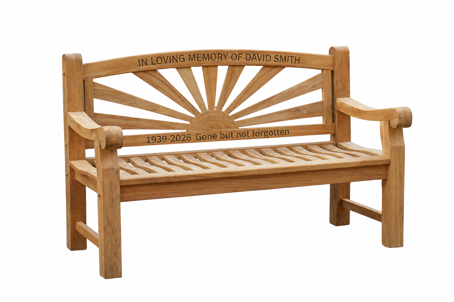 Premium Chunky Teak Sunrise Memorial Bench, Add Your Personal Engraving