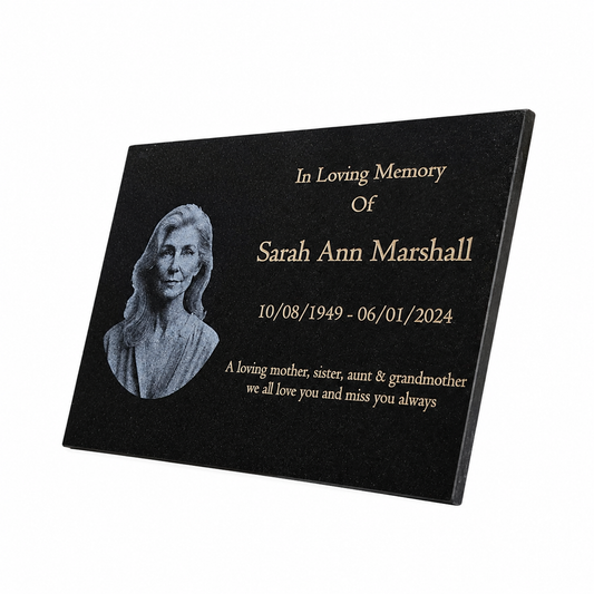Granite Memorial Plaque, Add a Portrait, Personalised Text and Stand Included
