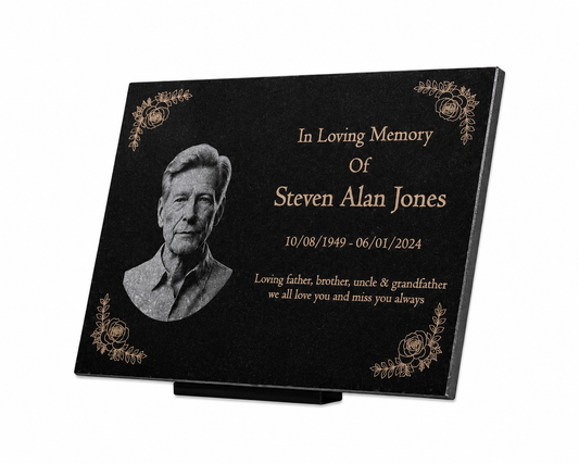 Granite Memorial Plaque, Flowers, Add a Portrait, Personalised Text and Stand Included