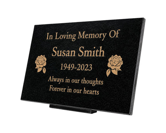 Granite Memorial Plaque, Roses, Personalised, Stand Included