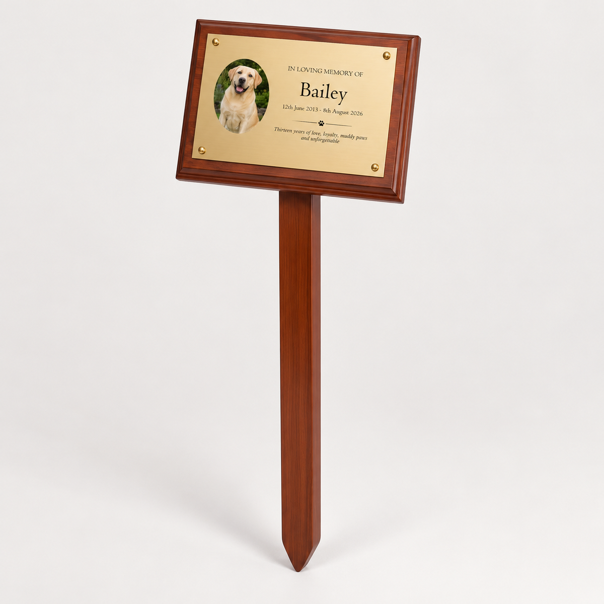 Personalised Mahogany Memorial Plaque on Stake, Dog Photo Design