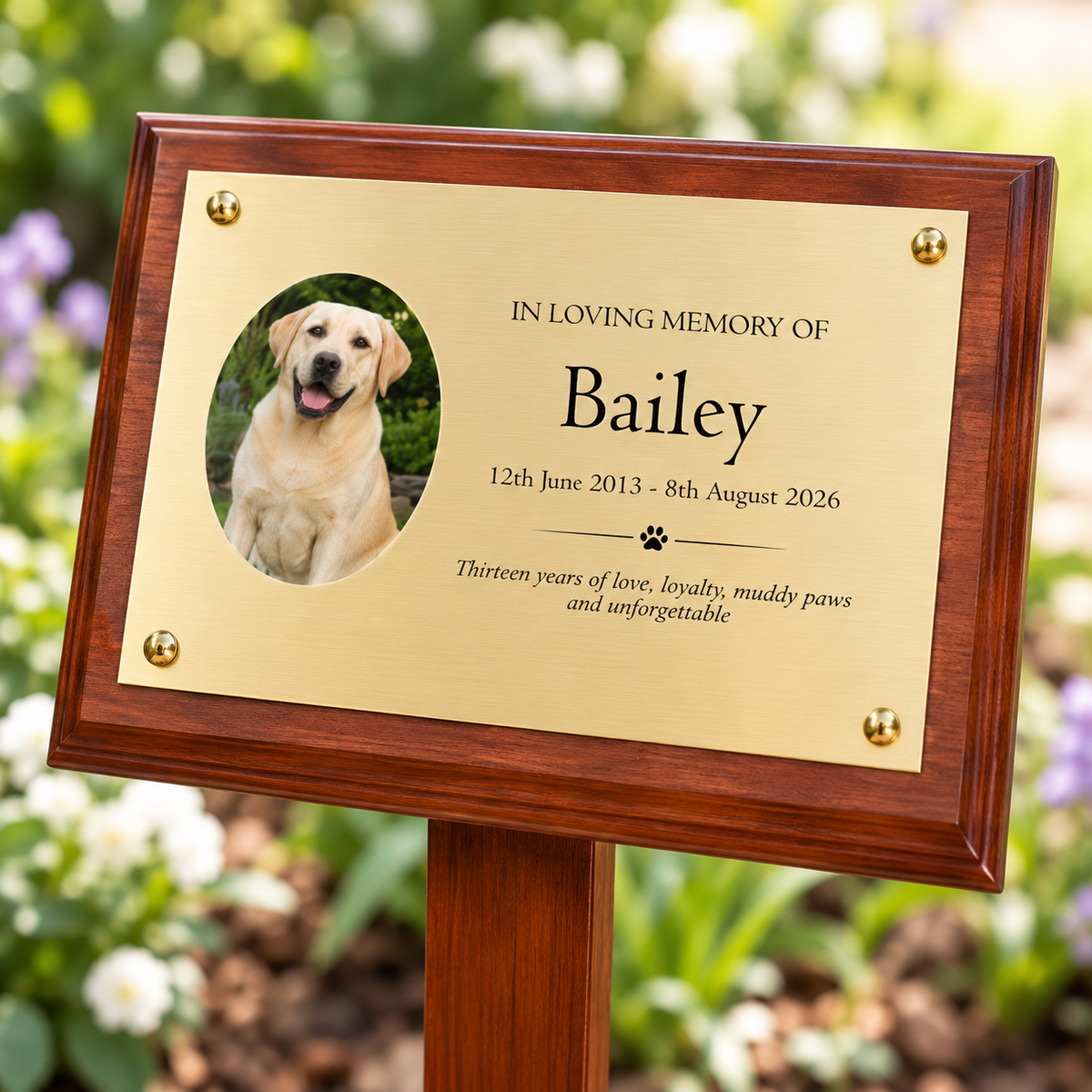Personalised Mahogany Memorial Plaque on Stake, Dog Photo Design