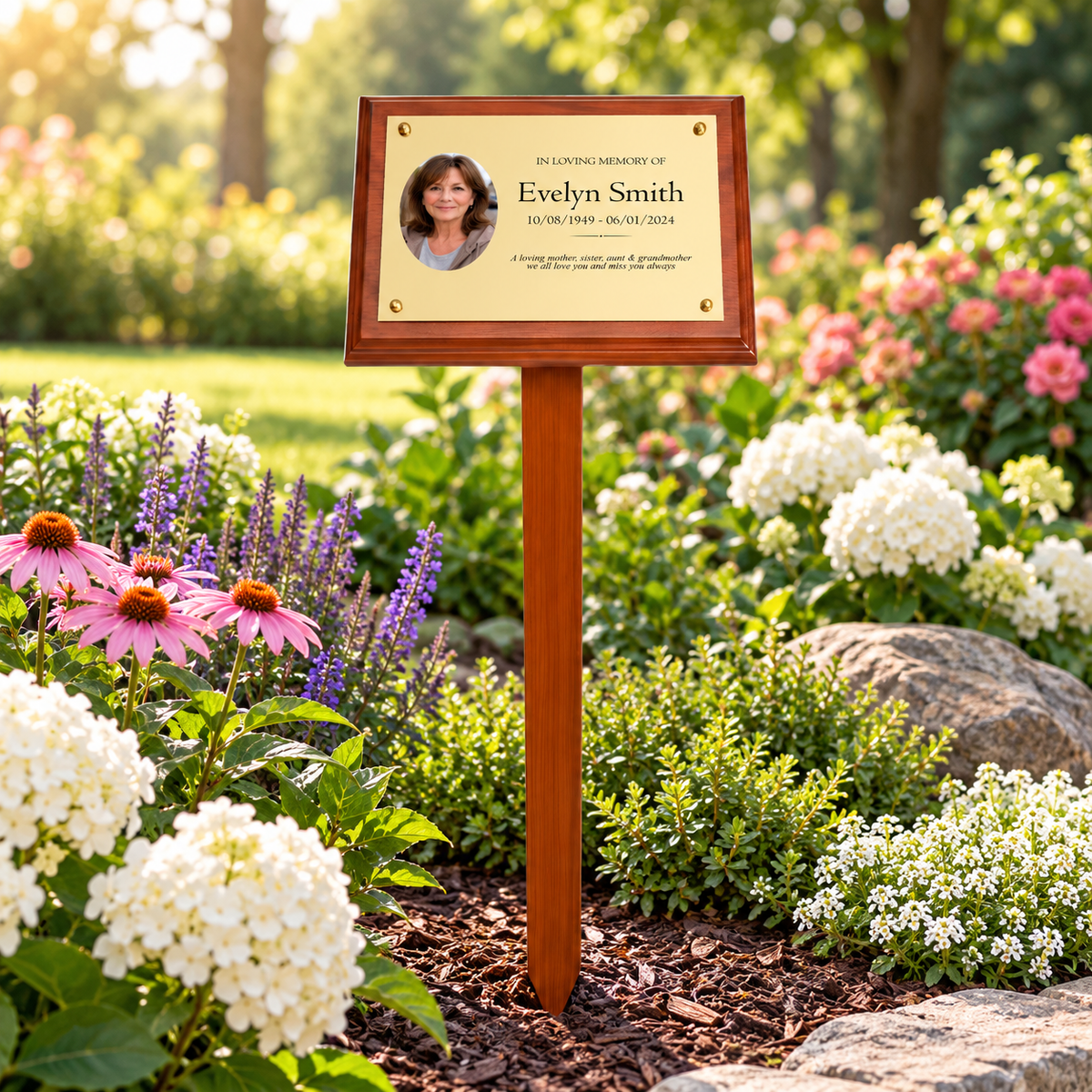 Personalised Mahogany Memorial Plaque on Stake, Photo Design