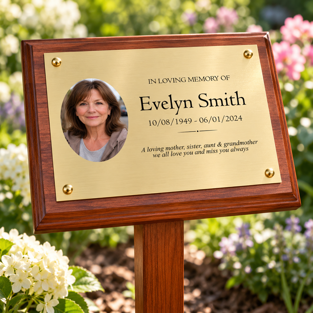 Personalised Mahogany Memorial Plaque on Stake, Photo Design