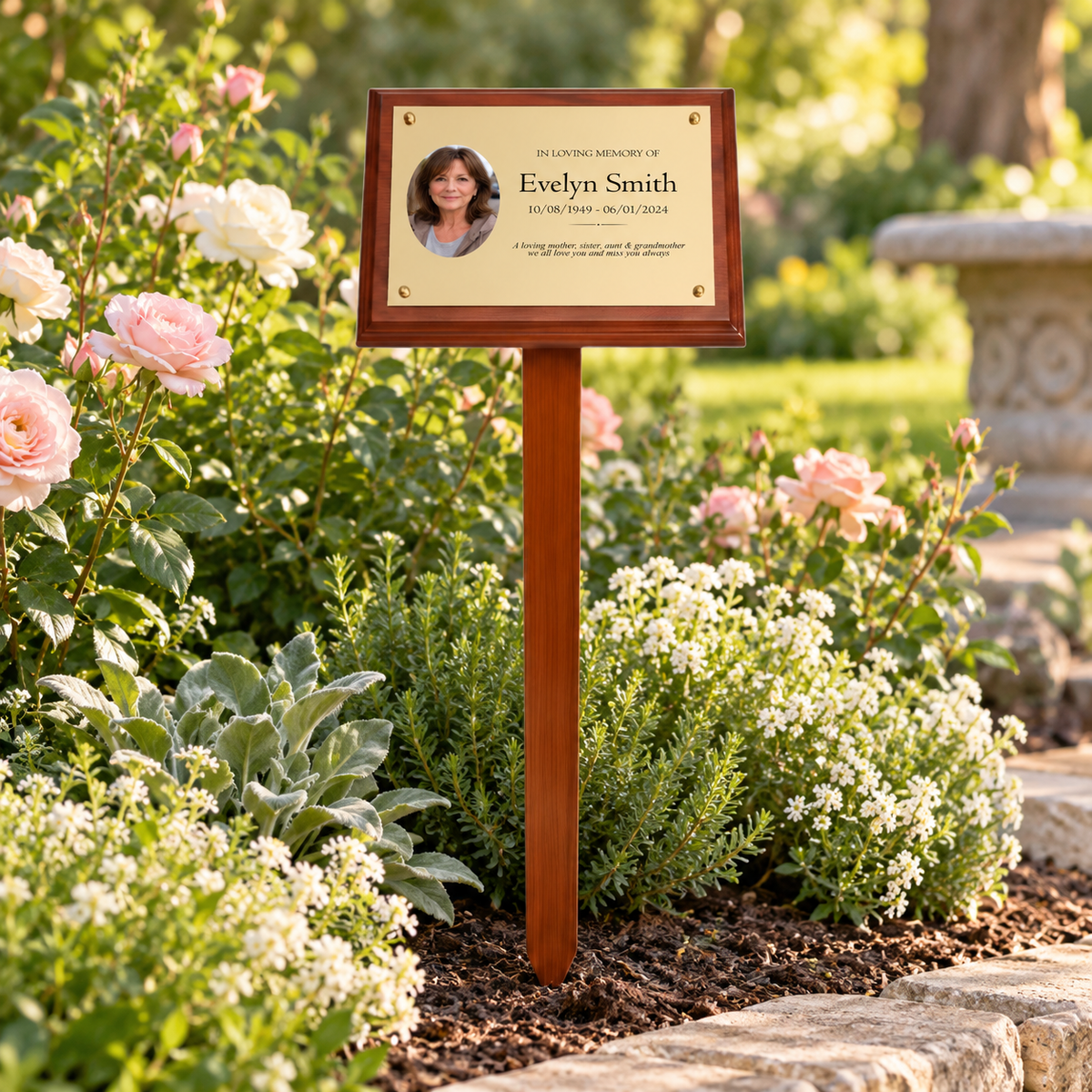 Personalised Mahogany Memorial Plaque on Stake, Photo Design
