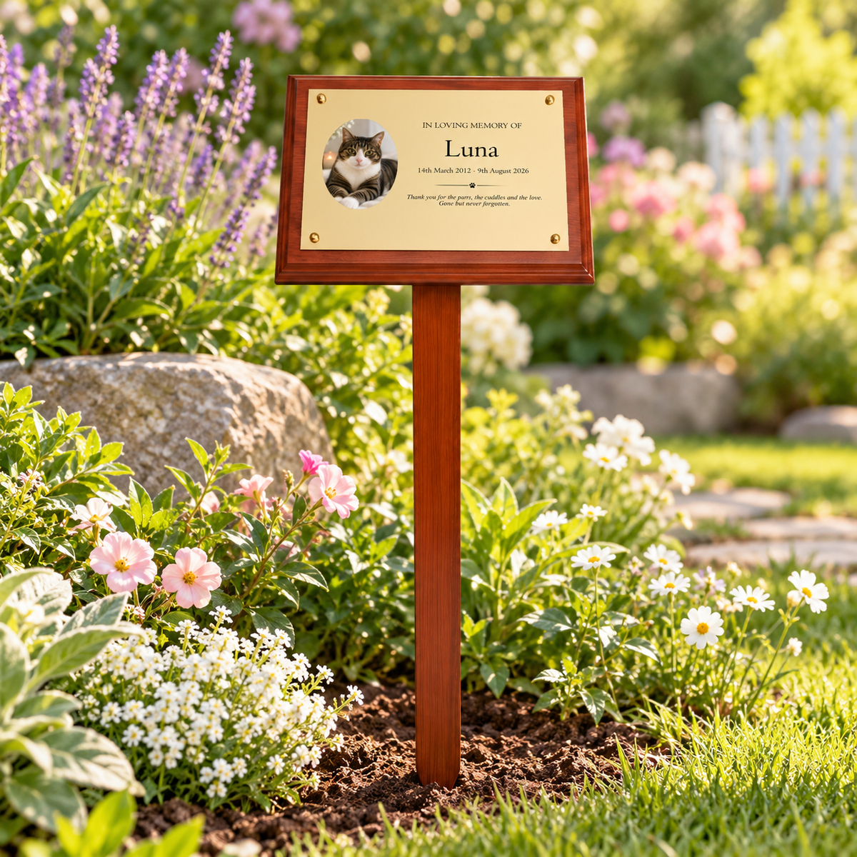 Personalised Mahogany Memorial Plaque on Stake, Cat Photo Design