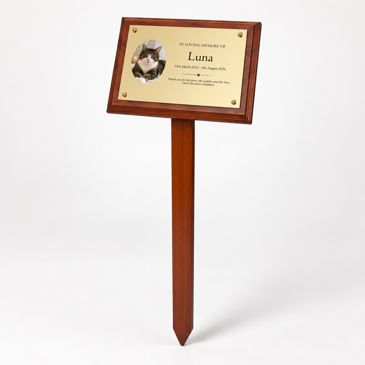 Personalised Mahogany Memorial Plaque on Stake, Cat Photo Design