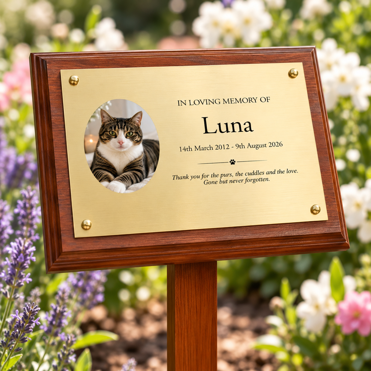 Personalised Mahogany Memorial Plaque on Stake, Cat Photo Design