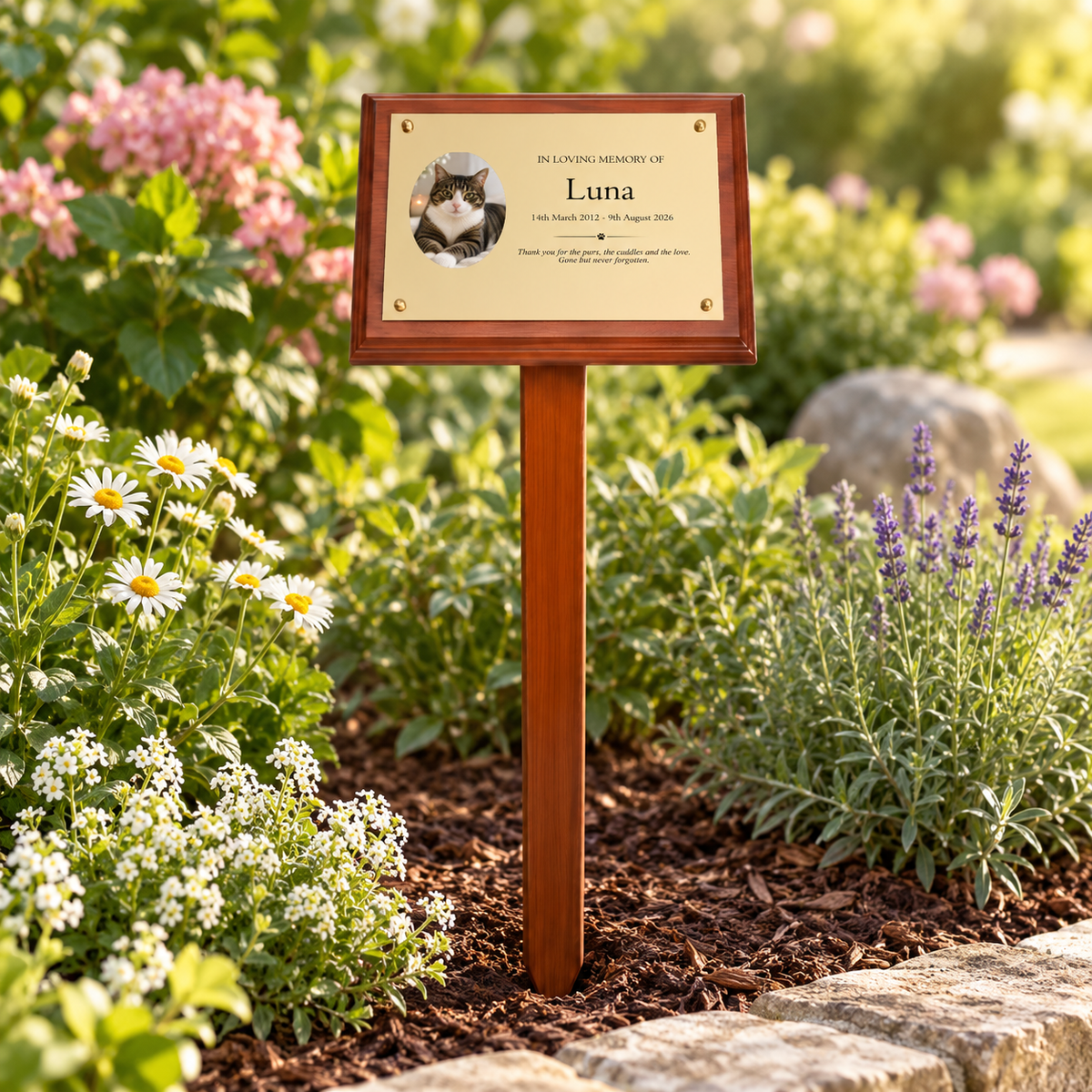 Personalised Mahogany Memorial Plaque on Stake, Cat Photo Design
