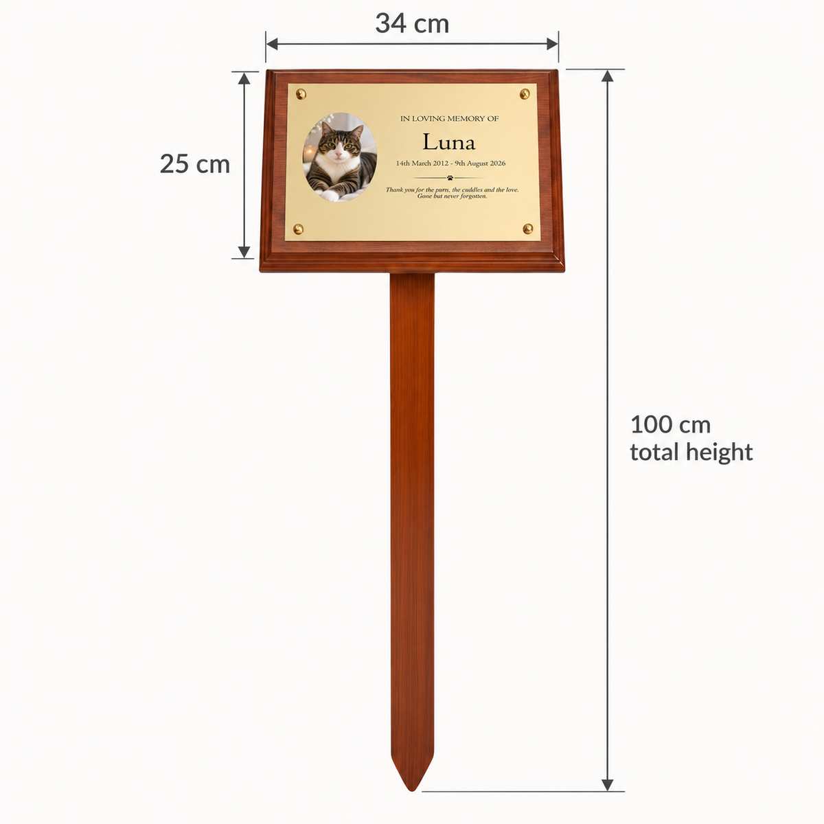 Personalised Mahogany Memorial Plaque on Stake, Cat Photo Design
