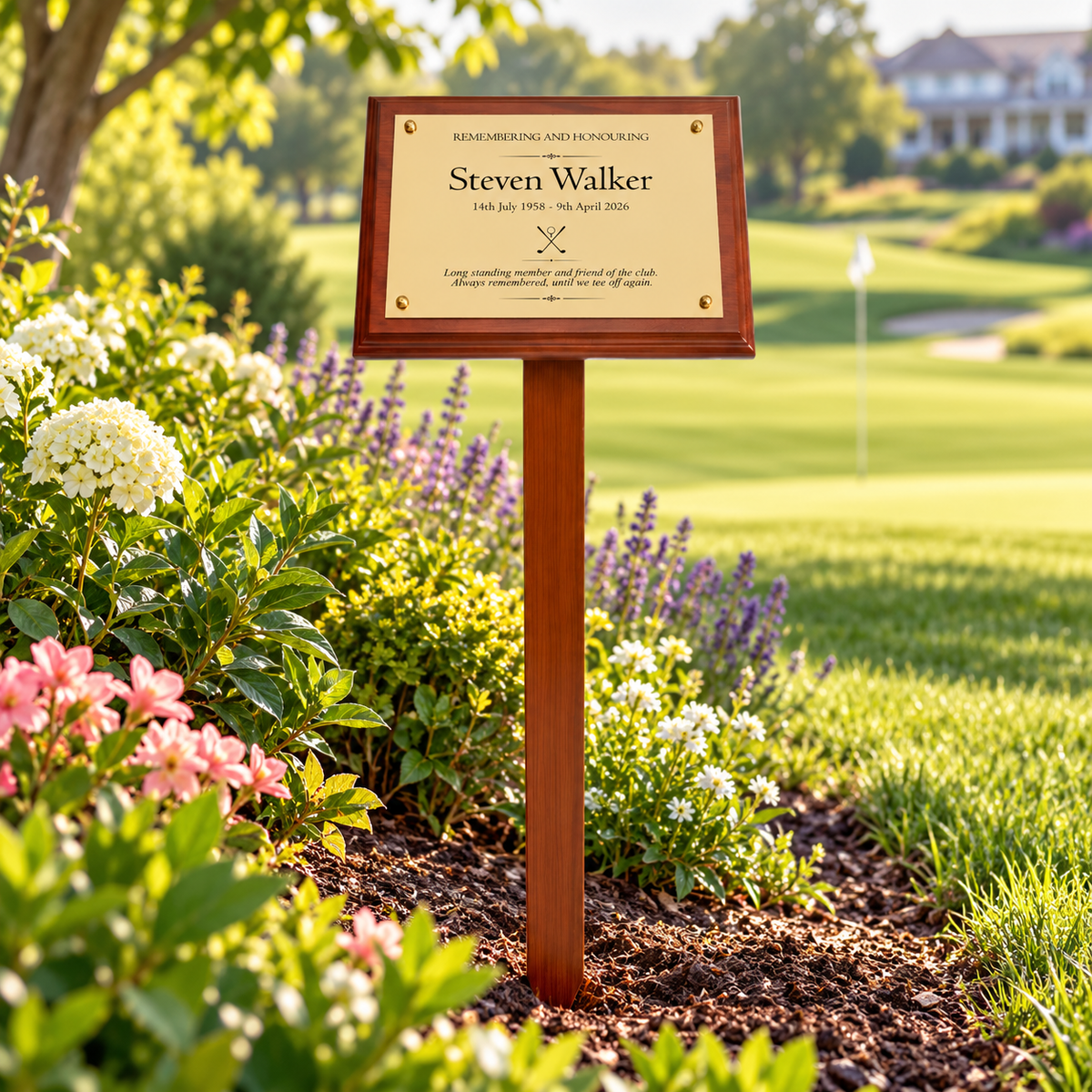 Personalised Mahogany Memorial Plaque on Stake, Golf Design