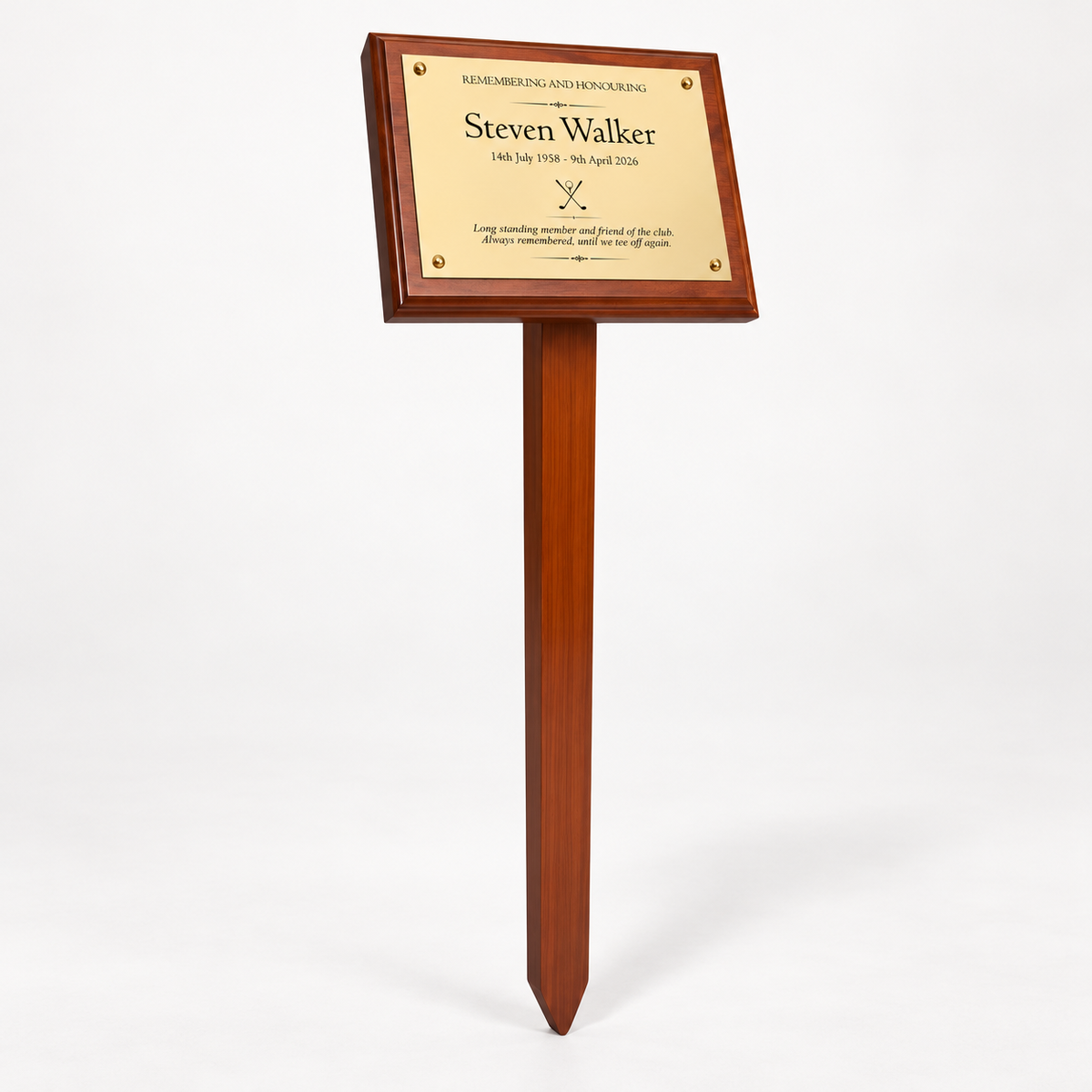 Personalised Mahogany Memorial Plaque on Stake, Golf Design