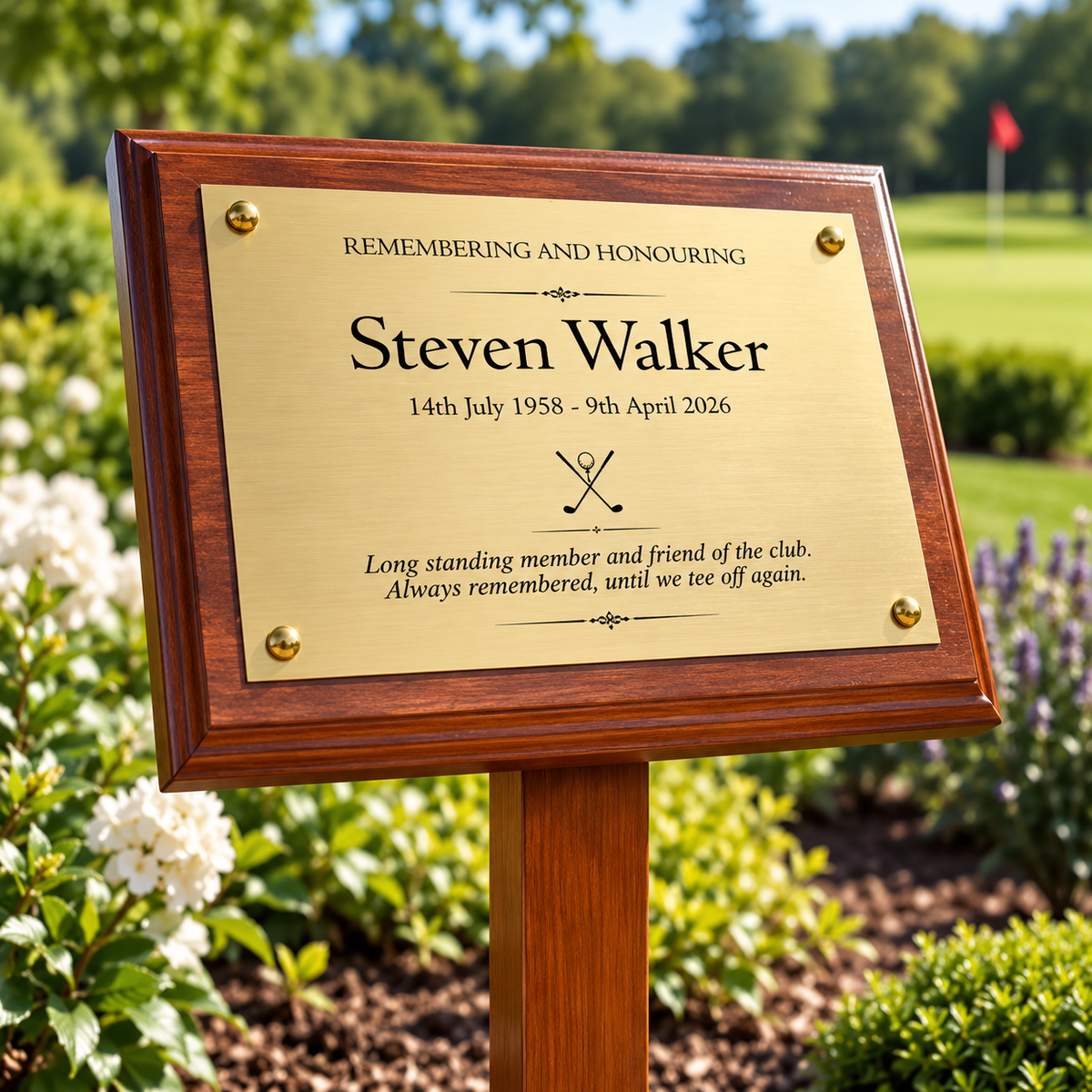 Personalised Mahogany Memorial Plaque on Stake, Golf Design