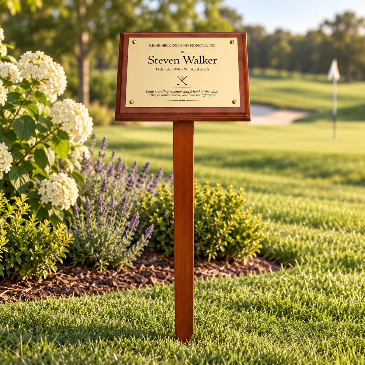Personalised Mahogany Memorial Plaque on Stake, Golf Design