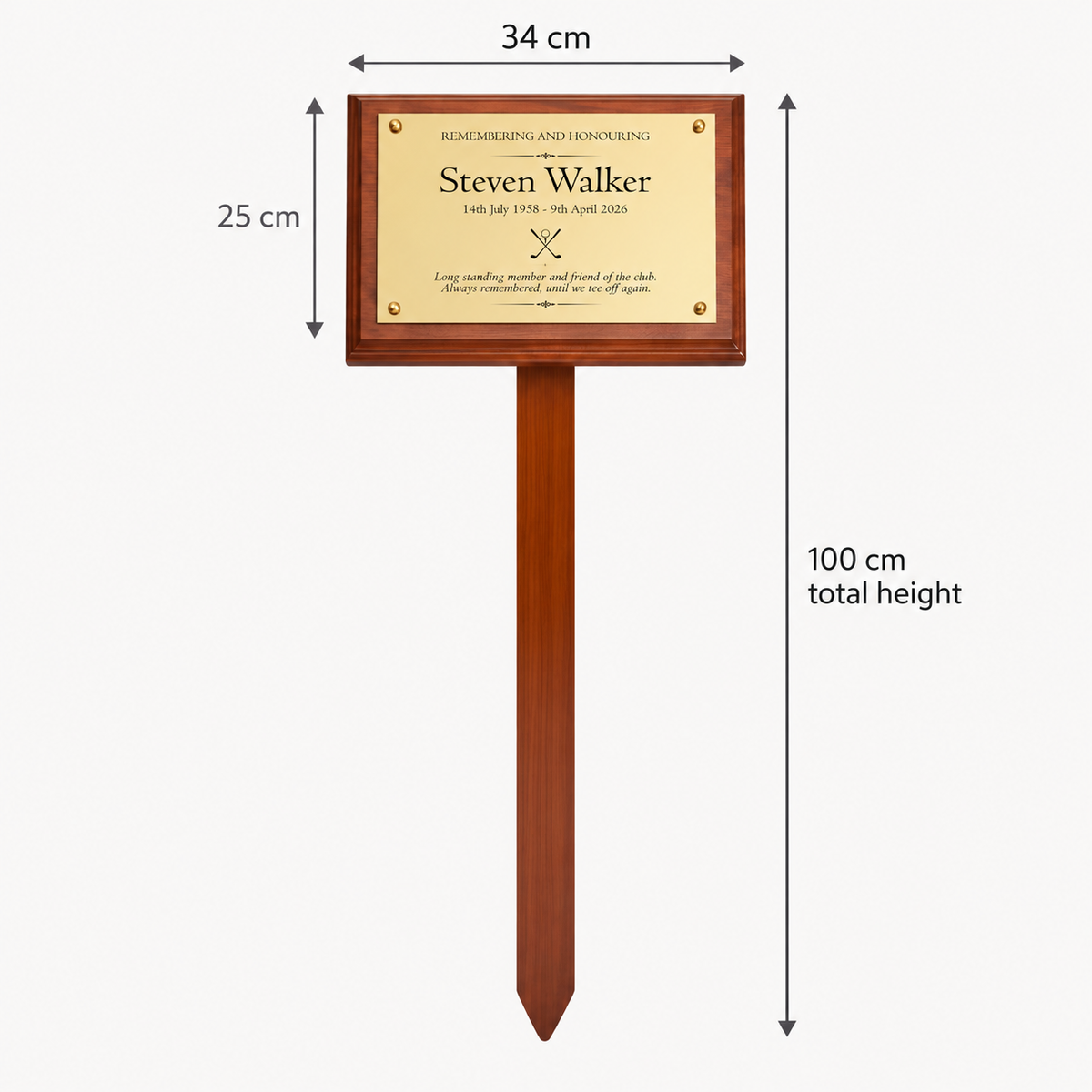 Personalised Mahogany Memorial Plaque on Stake, Golf Design