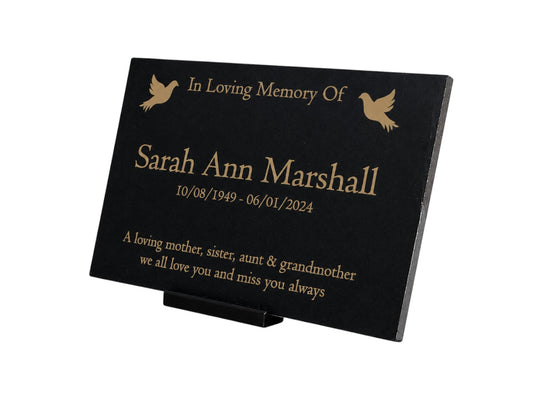 Granite Memorial Plaque, Doves, Personalised, Stand Included