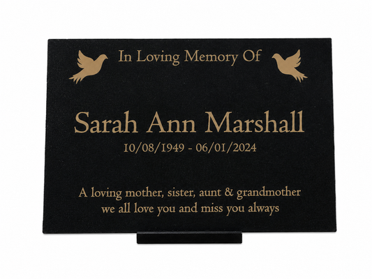 Granite Memorial Plaque, Doves, Personalised, Stand Included