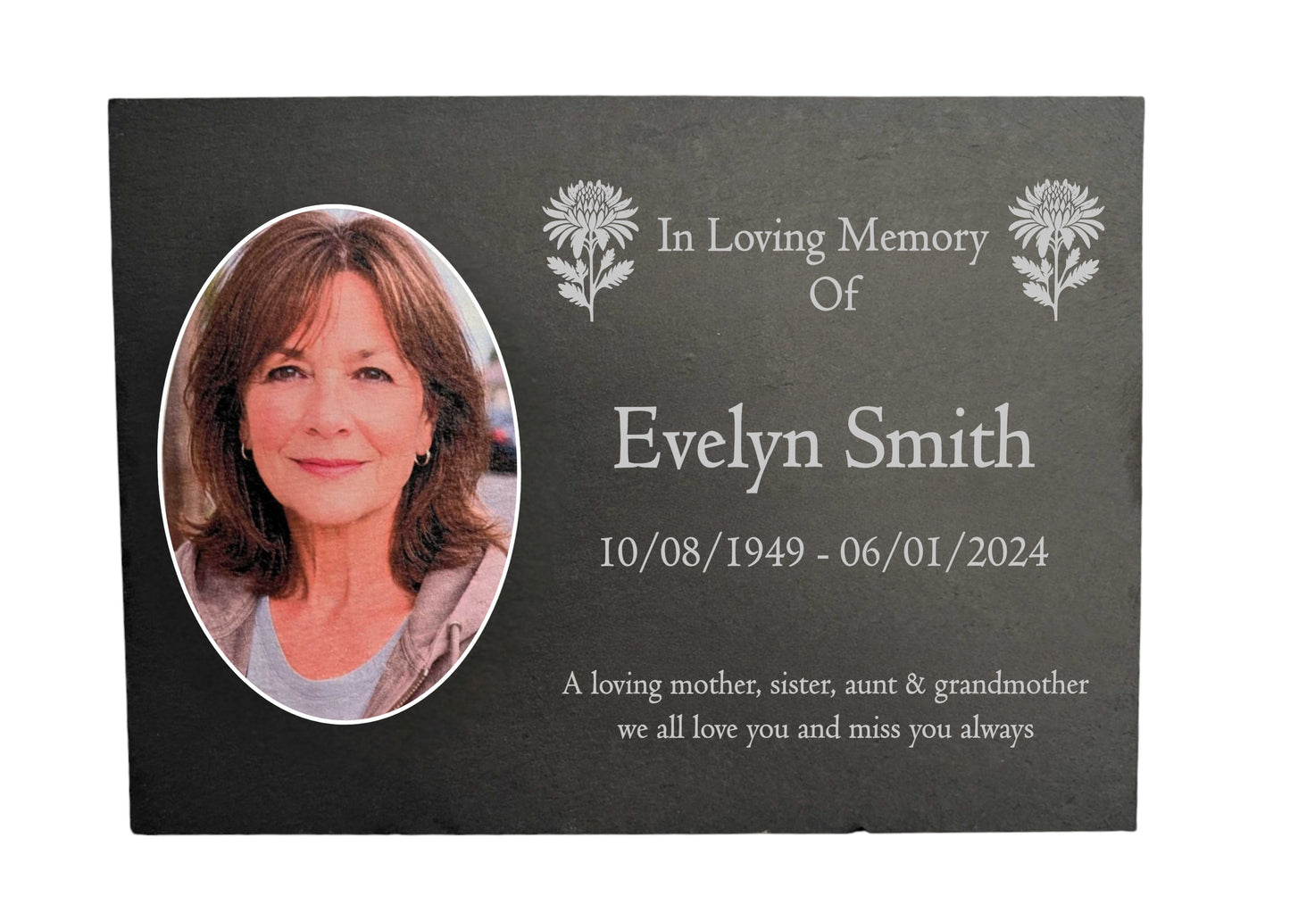 Photo Slate Memorial Plaque, Chrysanthemum, Add a Portrait & Personalised Text | 35×25cm (14×10”)