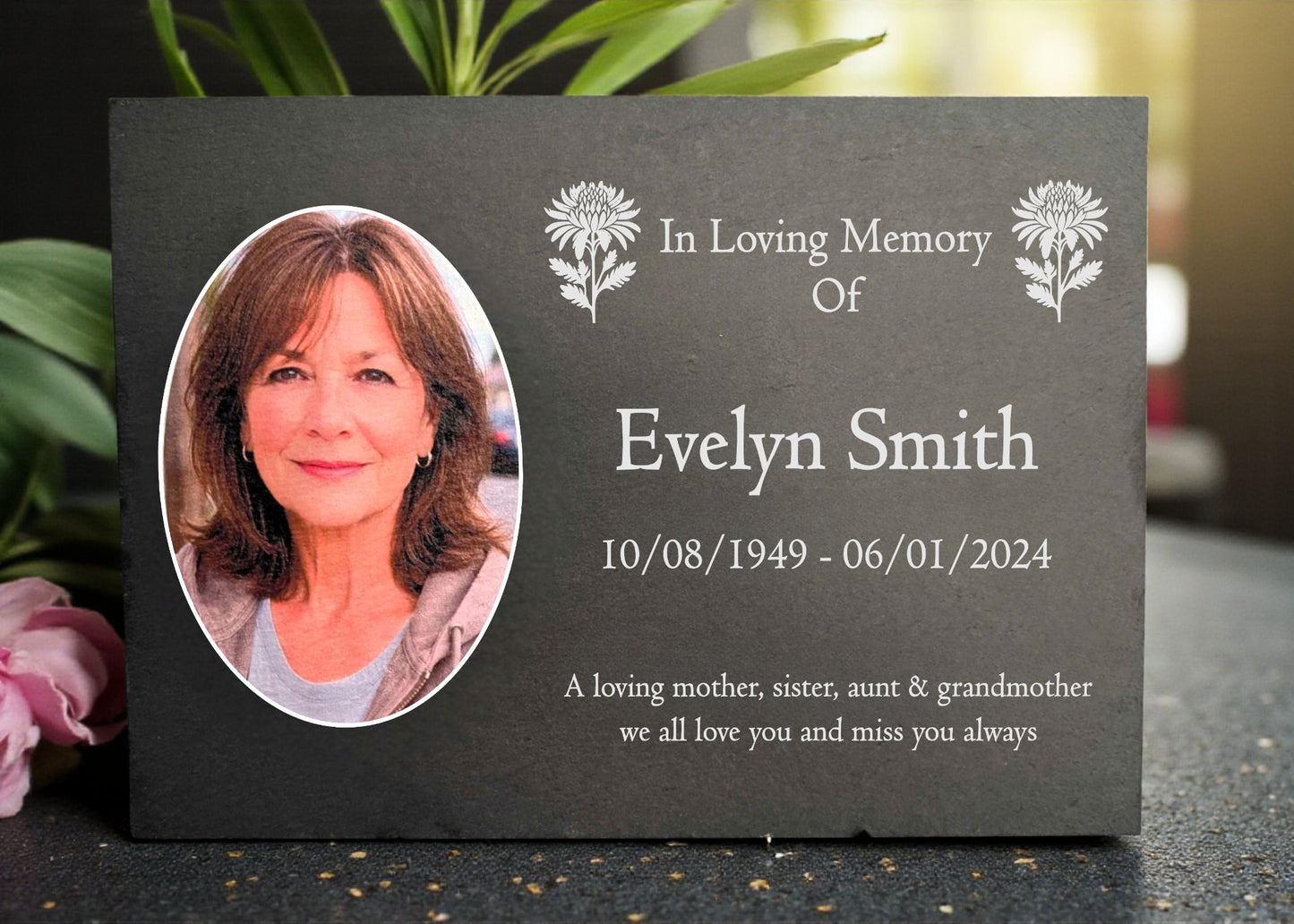 Photo Slate Memorial Plaque, Chrysanthemum, Add a Portrait & Personalised Text | 35×25cm (14×10”)