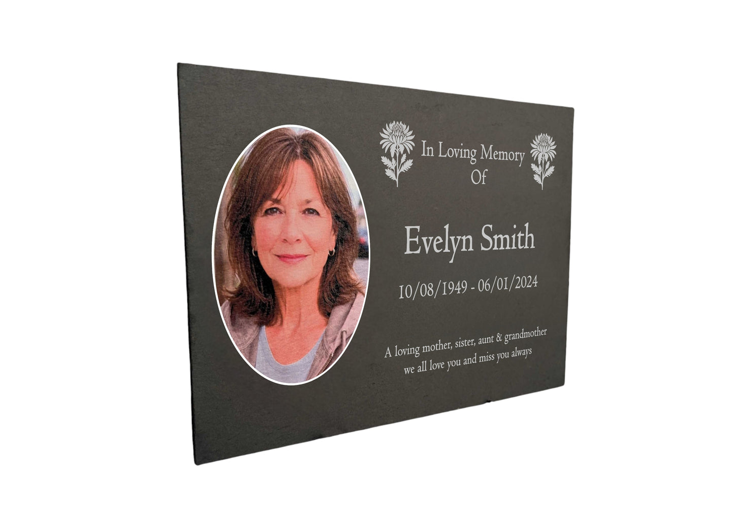 Photo Slate Memorial Plaque, Chrysanthemum, Add a Portrait & Personalised Text | 35×25cm (14×10”)
