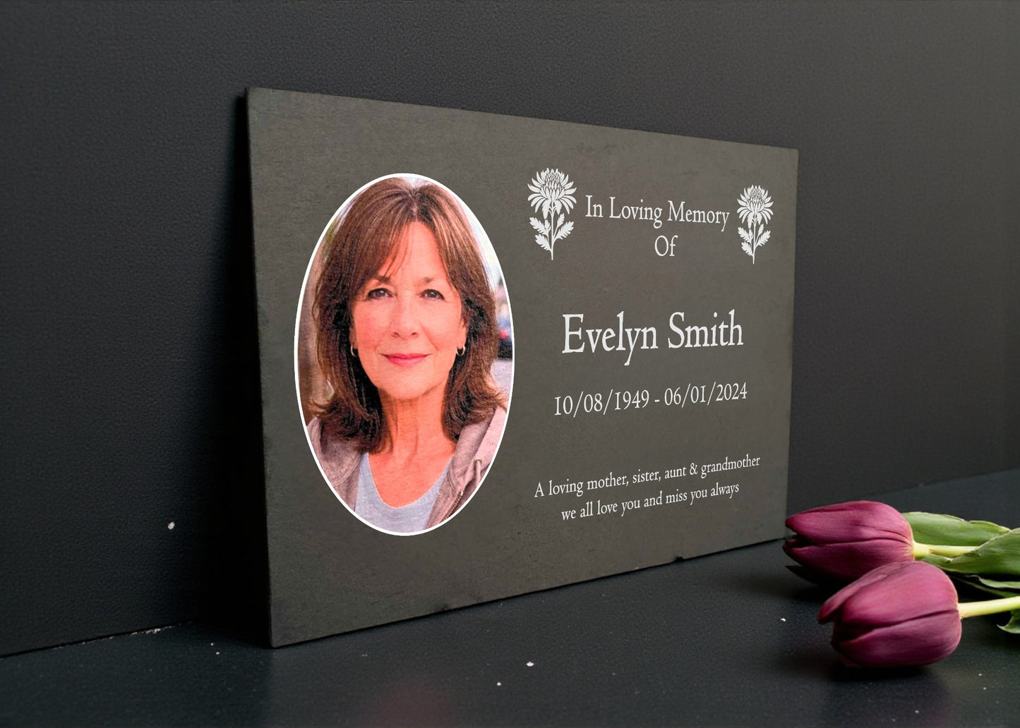 Photo Slate Memorial Plaque, Chrysanthemum, Add a Portrait & Personalised Text | 35×25cm (14×10”)