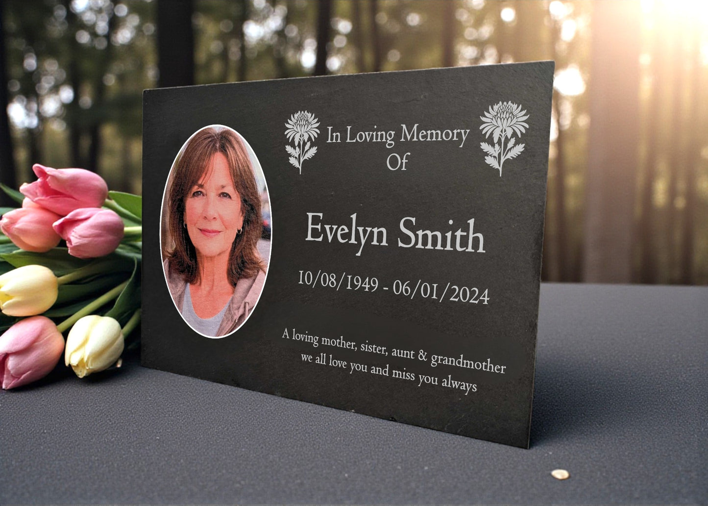 Photo Slate Memorial Plaque, Chrysanthemum, Add a Portrait & Personalised Text | 35×25cm (14×10”)