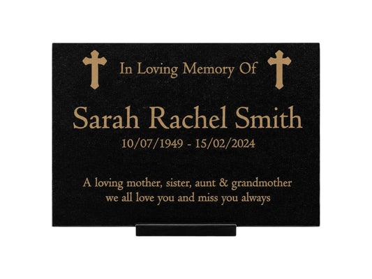 Granite Memorial Plaque, Crosses, Personalised, Stand Included