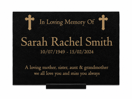Granite Memorial Plaque, Crosses, Personalised, Stand Included