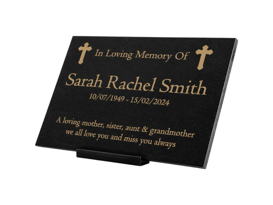 Granite Memorial Plaque, Crosses, Personalised, Stand Included