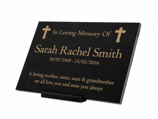 Granite Memorial Plaque, Crosses, Personalised, Stand Included