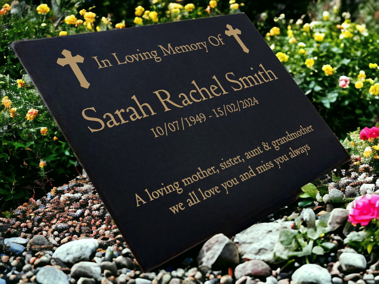 Granite Memorial Plaque, Crosses, Personalised, Stand Incluced