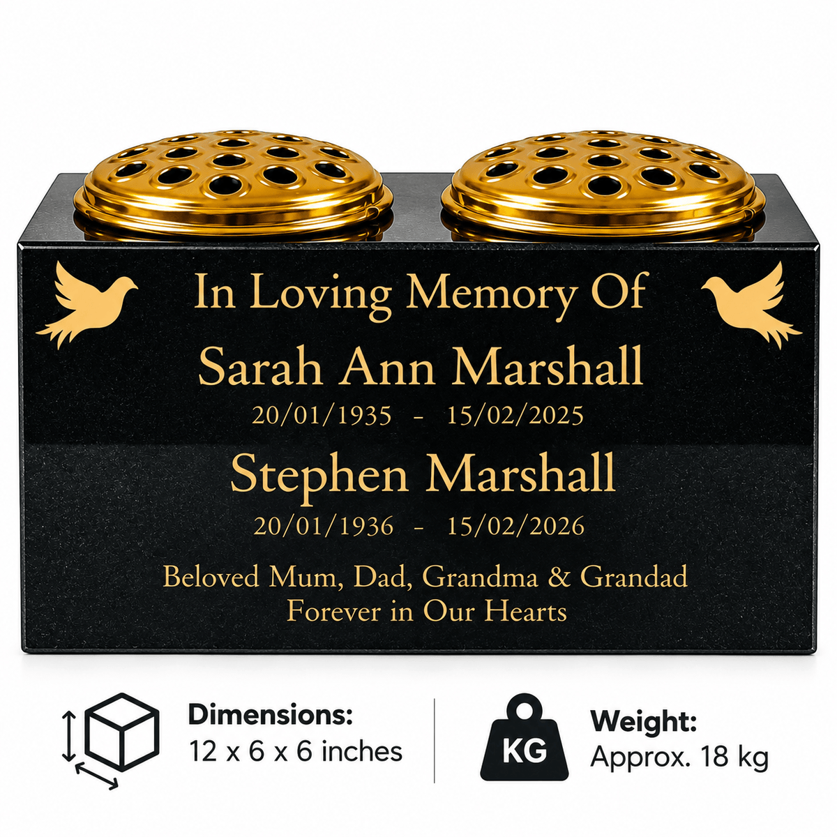 Personalised Granite Double Memorial Vase – Two Names & Two Flower Holders 12x6x6 inches