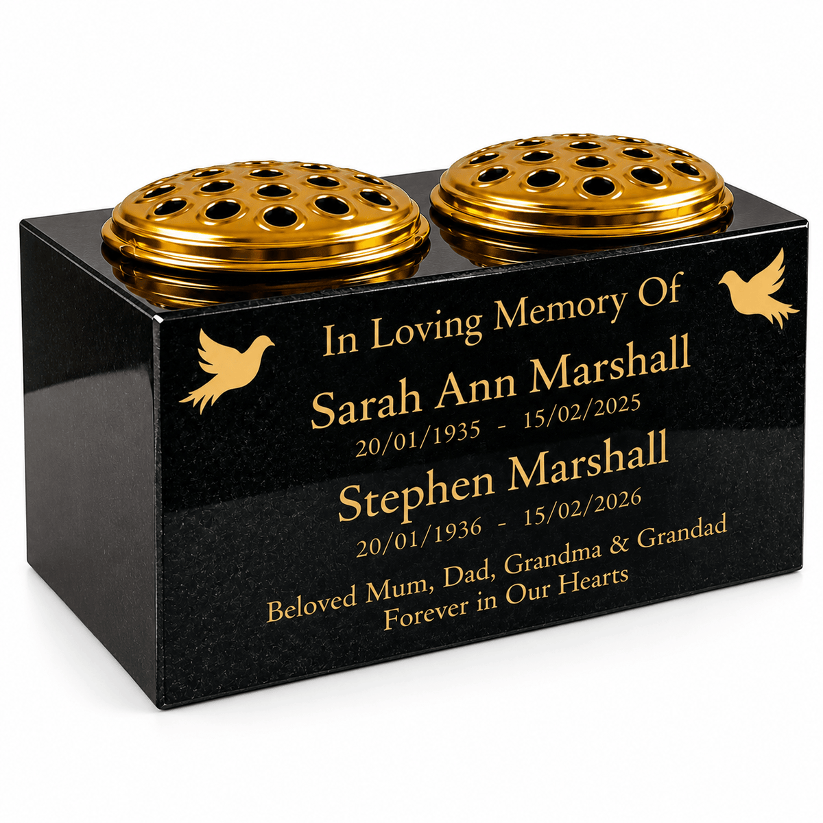 Personalised Granite Double Memorial Vase – Two Names & Two Flower Holders 12x6x6 inches